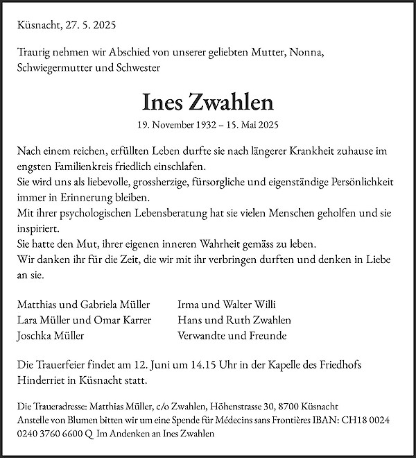Todesanzeige von Ines Zwahlen, Küsnacht