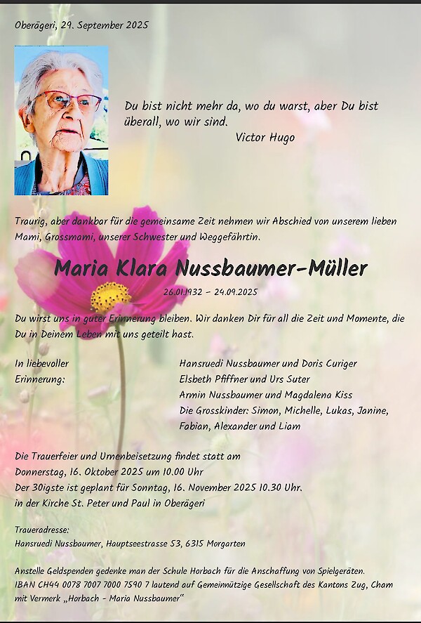 Todesanzeige von Maria Klara Nussbaumer-Müller