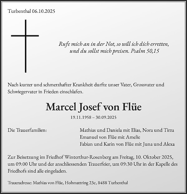 Todesanzeige von Marcel Josef von Flüe