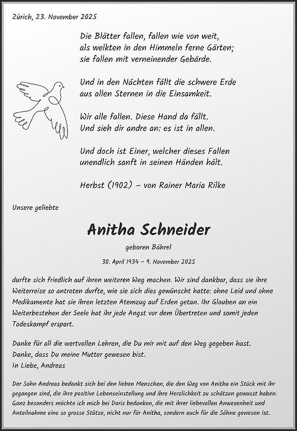 Remerciement de Anitha Schneider, Lugano