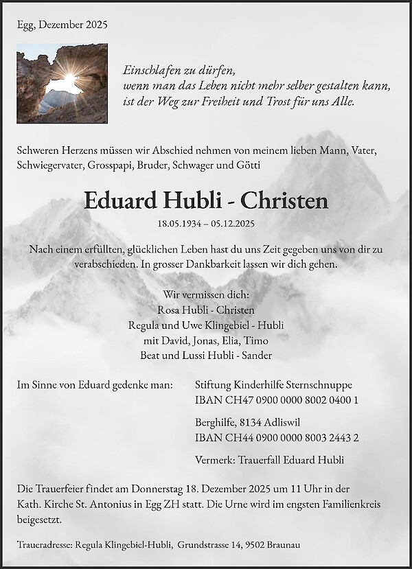 Todesanzeige von Eduard Hubli - Christen