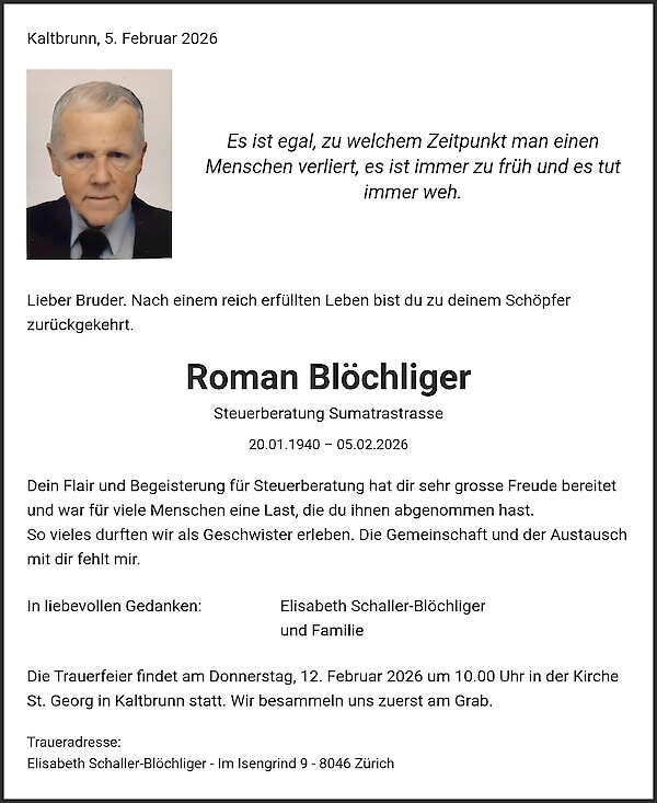 Todesanzeige von Roman Blöchliger, Kaltbrunn