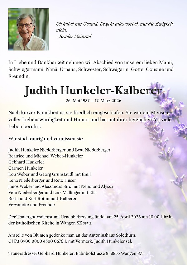 Todesanzeige von Judith Hunkeler-Kalberer, Wangen