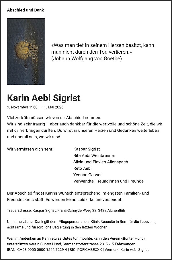 Todesanzeige von Karin Aebi Sigrist