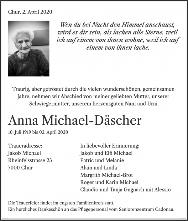 Todesanzeige von Anna Michael-Däscher, Chur