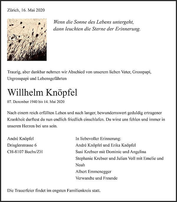 Todesanzeige von Willhelm Knöpfel, Wald