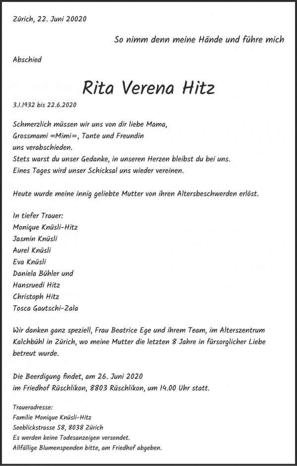 Todesanzeige von Rita Verena Hitz, Zürich