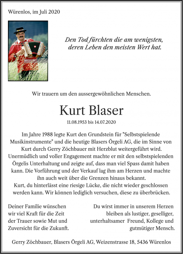 Todesanzeige von Kurt Blaser, Kloten