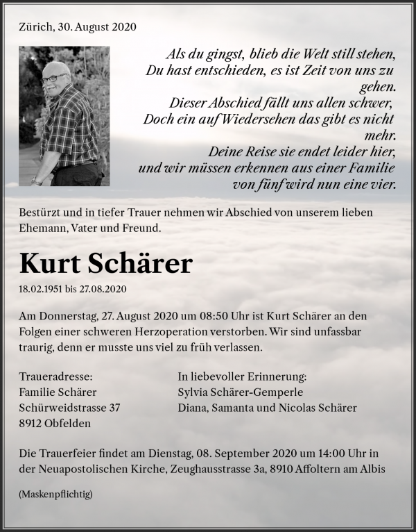 Todesanzeige von Kurt Schärer, Obfelden