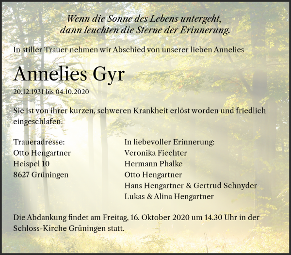 Todesanzeige von Annelies Gyr, Grüningen