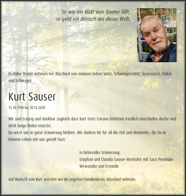 Todesanzeige von Kurt Sauser, Kölliken