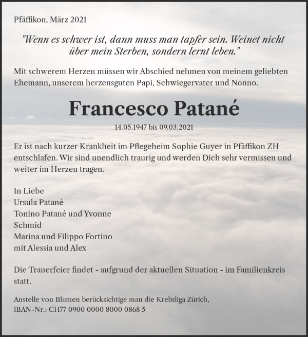 Todesanzeige von Francesco Patané, Pfäffikon