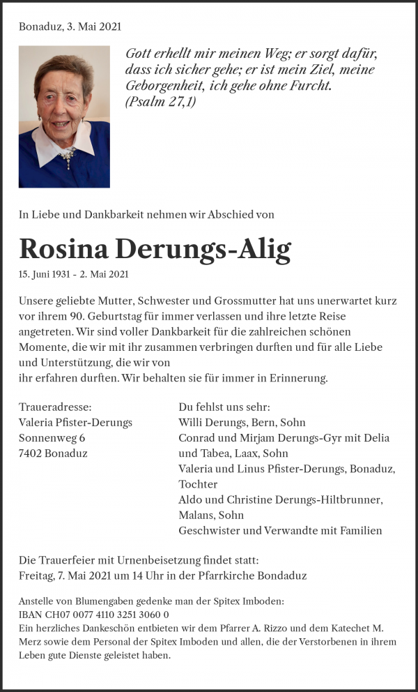 Todesanzeige von Rosina Derungs-Alig, Bonaduz