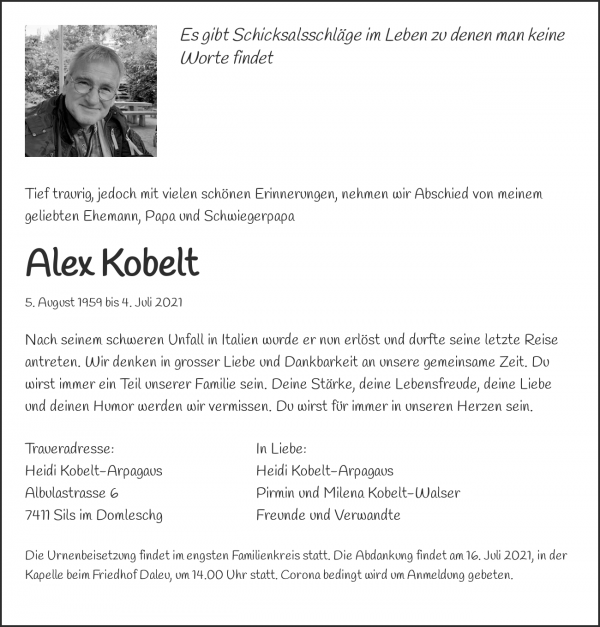 Todesanzeige von Alex Kobelt, Sils im Domleschg