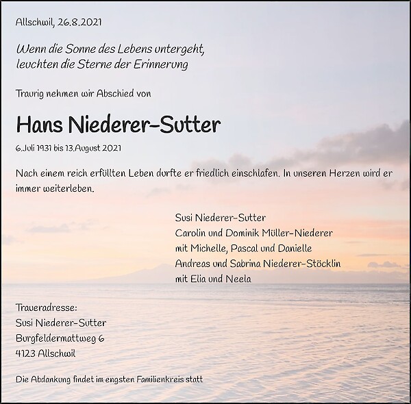 Todesanzeige von Hans Niederer-Sutter, Allschwil