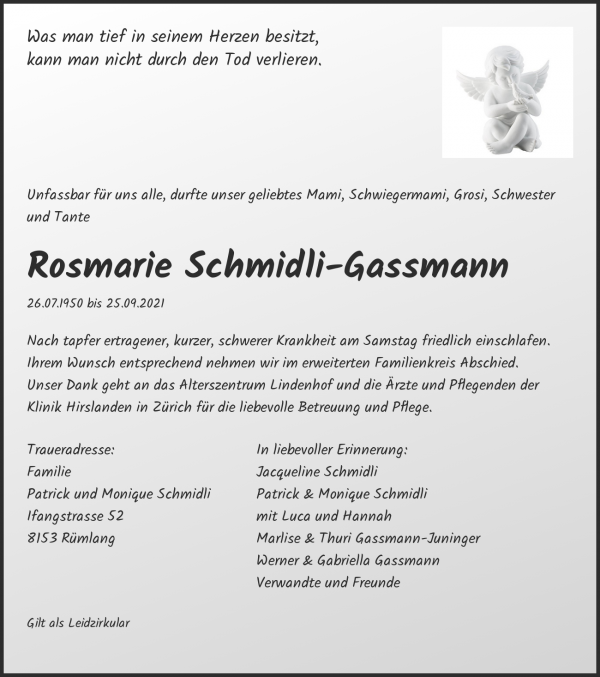 Todesanzeige von Rosmarie Schmidli-Gassmann, Rümlang