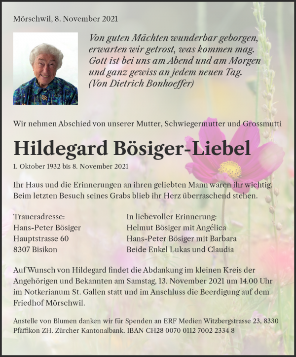 Todesanzeige von Hildegard Bösiger-Liebel, Mörschwil