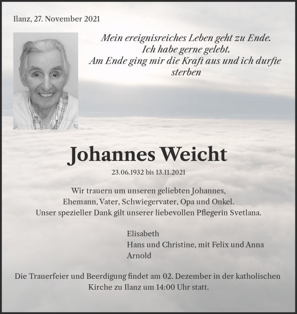 Todesanzeige von Johannes Weicht, Ilanz