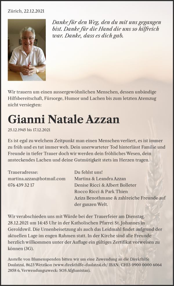 Todesanzeige von Gianni Natale Azzan, Geroldswil