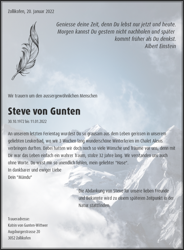 Todesanzeige von Steve von Gunten, Zollikofen