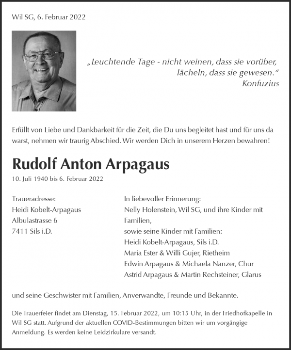 Todesanzeige von Rudolf Anton Arpagaus, Wil