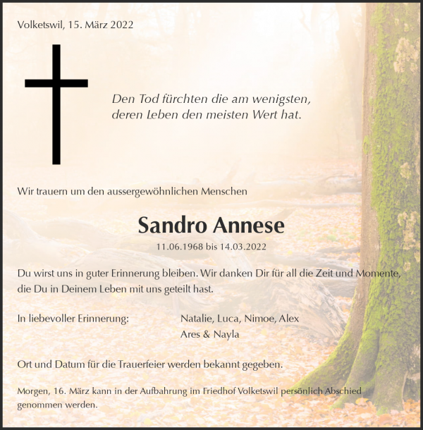 Todesanzeige von Sandro Annese, Volketswil