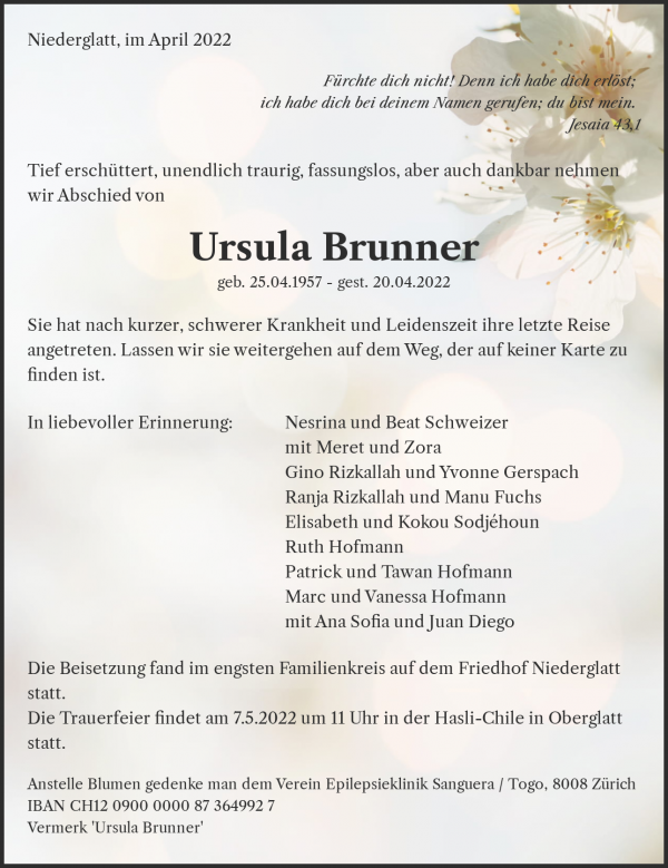 Todesanzeige von Ursula Brunner, Niederglatt