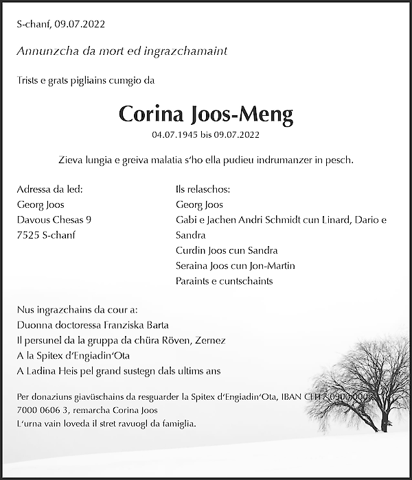 Todesanzeige von Corina Joos-Meng, S-chanf