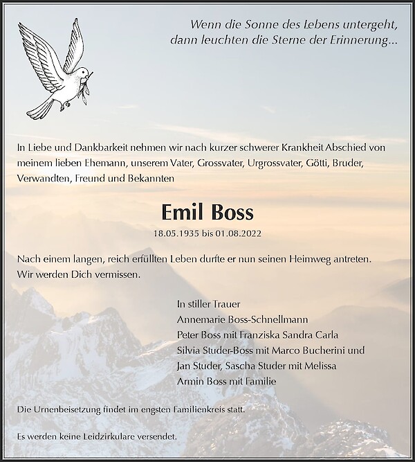 Obituary of Emil Boss, Jona