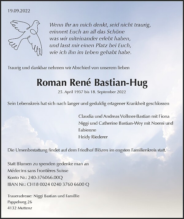 Todesanzeige von Roman René Bastian-Hug, Pratteln