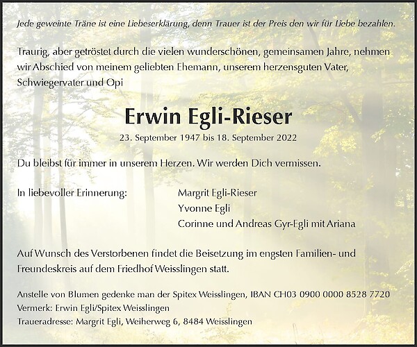 Todesanzeige von Erwin Egli-Rieser, Weisslingen