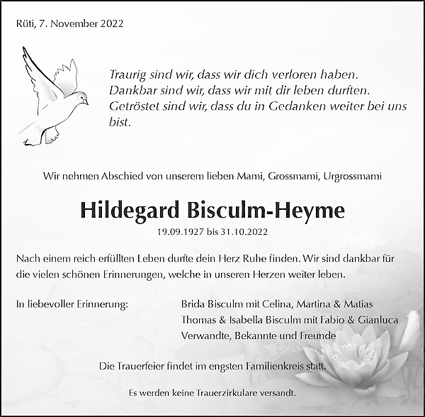 Todesanzeige von Hildegard Bisculm-Heyme, Rüti ZH