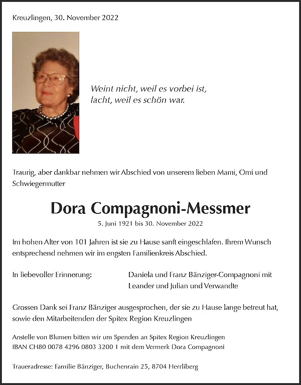 Todesanzeige von Dora Compagnoni-Messmer, Kreuzlingen