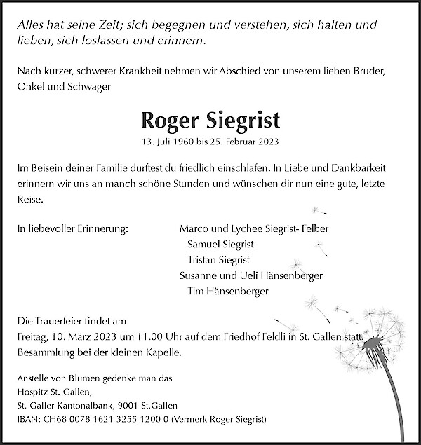 Todesanzeige von Roger Siegrist, St. Gallen