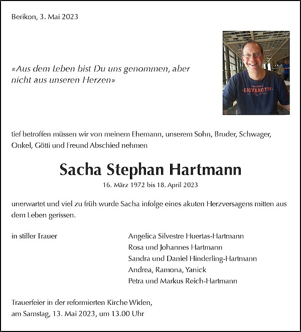 Todesanzeige von Sacha Stephan Hartmann