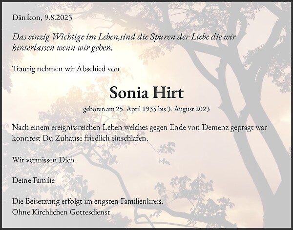 Todesanzeige von Sonia Hirt, Dänikon