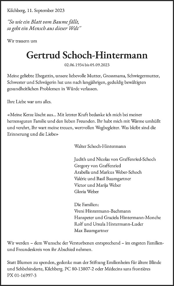 Todesanzeige von Gertrud Schoch-Hintermann