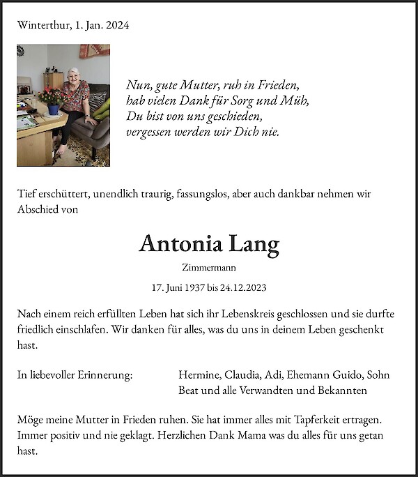 Todesanzeige von Antonia Lang, Olten