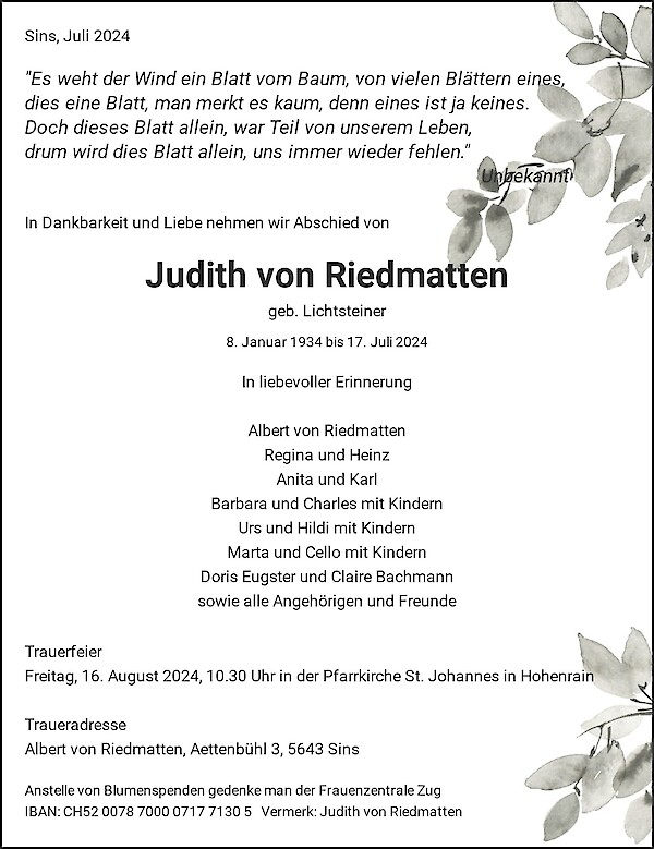 Todesanzeige von Judith von Riedmatten, Sins