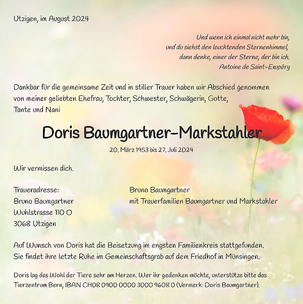 Todesanzeige von Doris Baumgartner-Markstahler