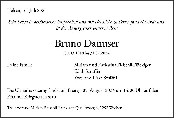 Todesanzeige von Bruno Danuser, Halten