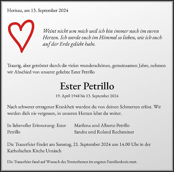 Todesanzeige von Ester Petrillo, Urnäsch