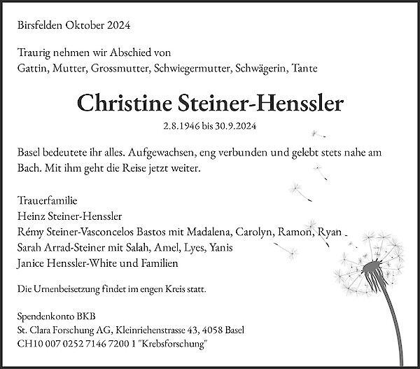 Todesanzeige von Christine Steiner-Henssler, Birsfelden