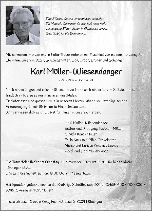 Todesanzeige von Karl Müller-Wiesendanger