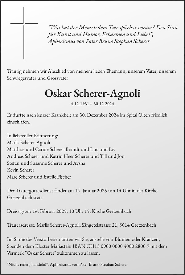 Todesanzeige von Oskar Scherer-Agnoli