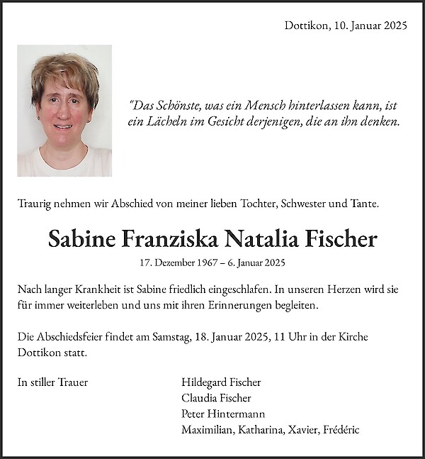 Todesanzeige von Sabine Franziska Natalia Fischer