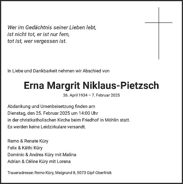 Todesanzeige von Erna Margrit Niklaus-Pietzsch